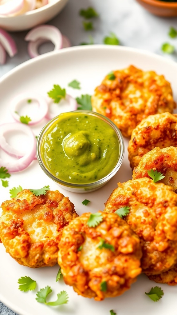 Crispy onion fritters served with green chutney on a plate, garnished with cilantro.